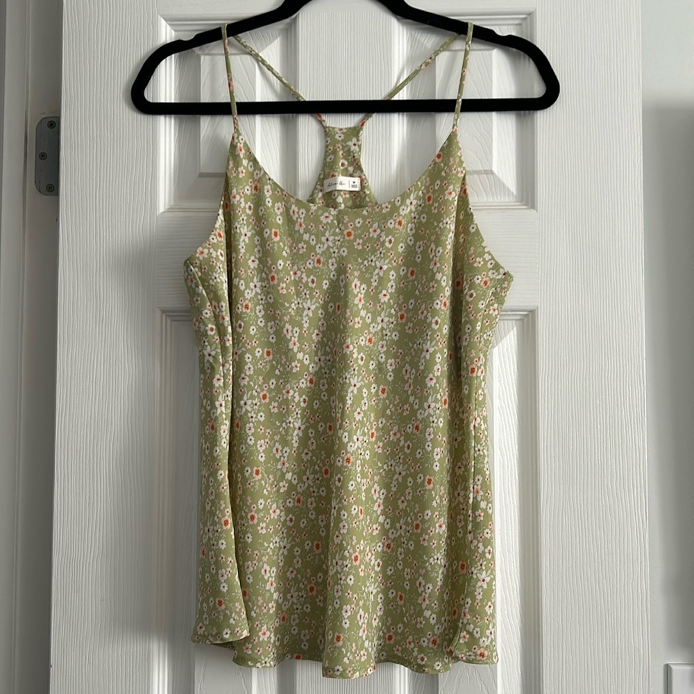 Soft Green Flowy Floral Racerback Tank Top size MEDIUM